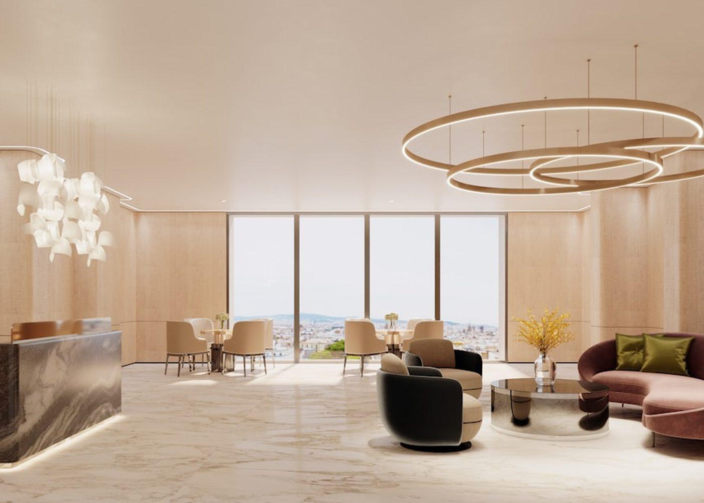 The lobby with its original terrazzo floor